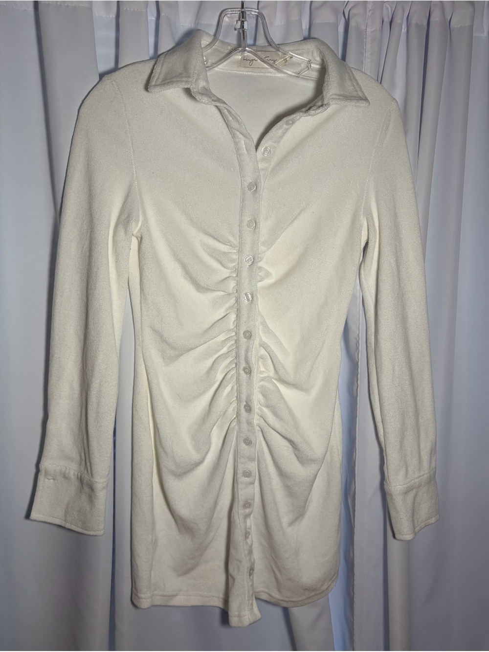 BEIGE BOTANY White Terry Cloth Shirt-Dress with Ruching Down the Front size S